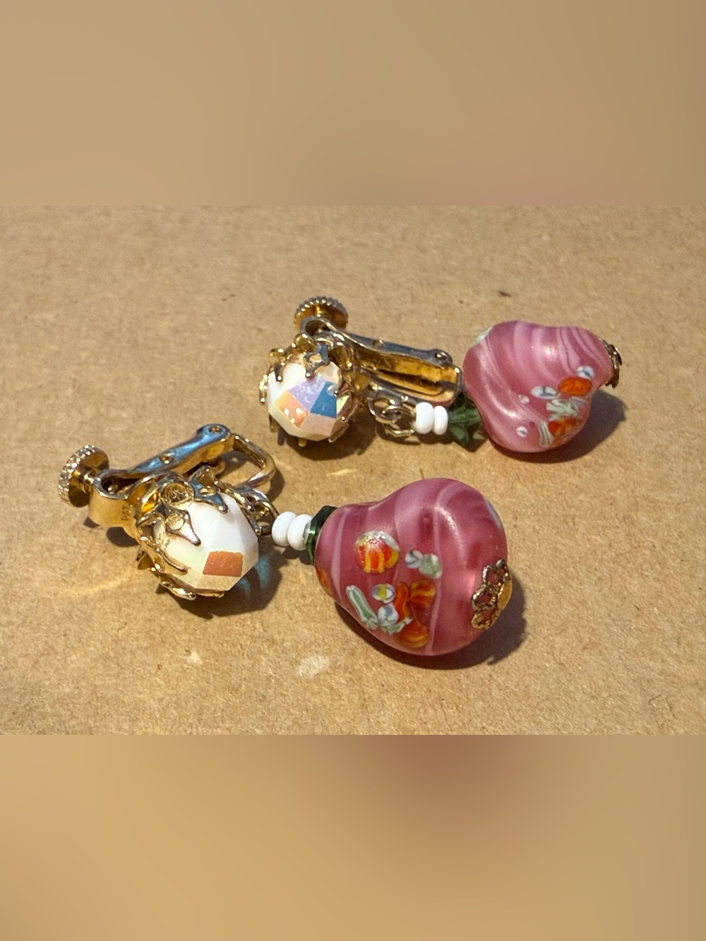 Handcrafted  Vintage Vendome Pink Floral Glass Drop Clip-On Earrings rare!